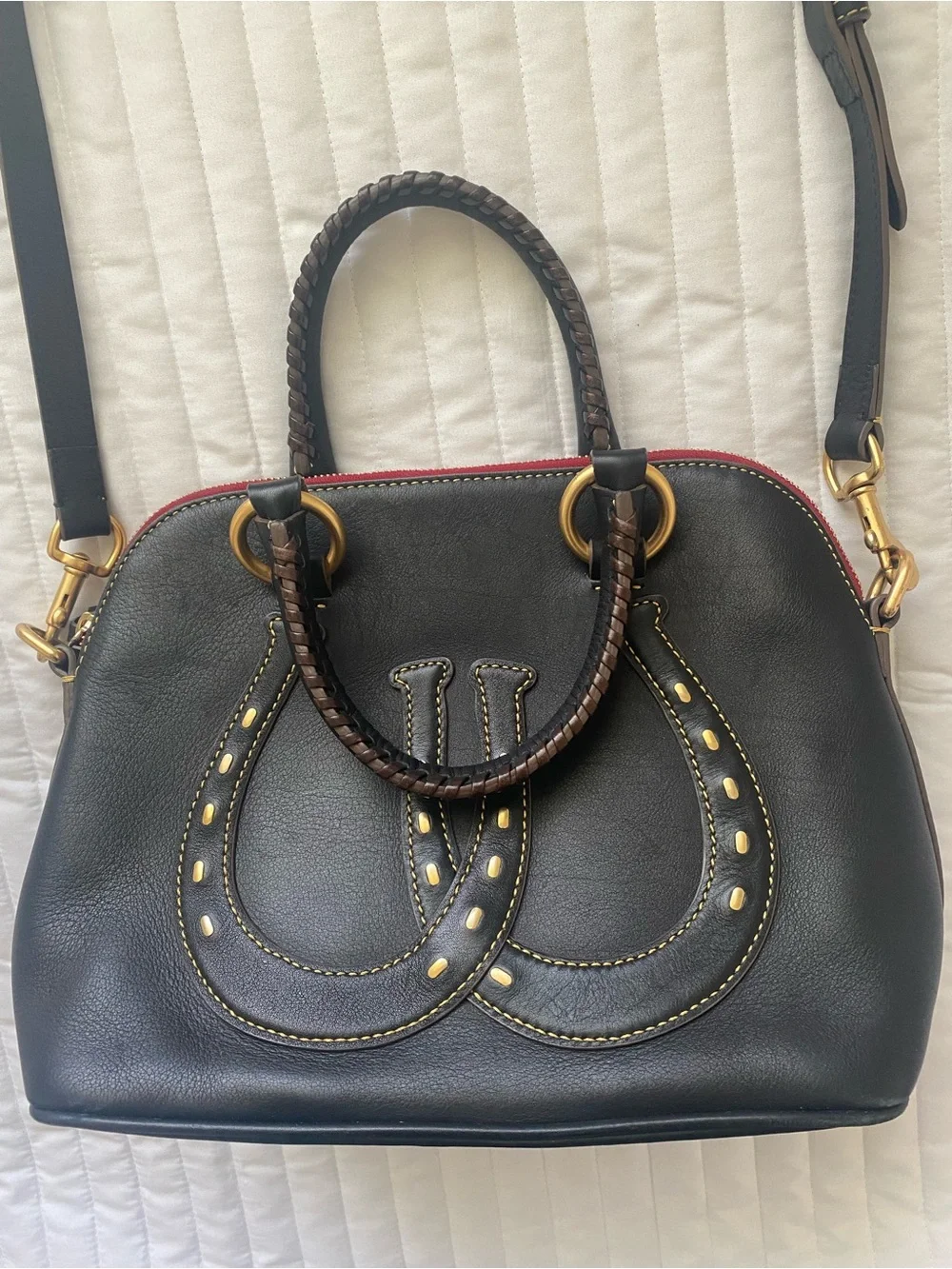 Dooney and Bourke Western Double Horseshoe Black Leather Domed Satchel